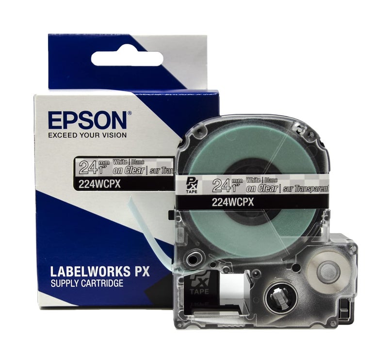 LABELWORKS Epson LABELWORKS 224WCPX PET (Polyester) Tape Cartridge - White on Clear Label Maker Tape - 1"" (24MM) Wide  30' - Image 1